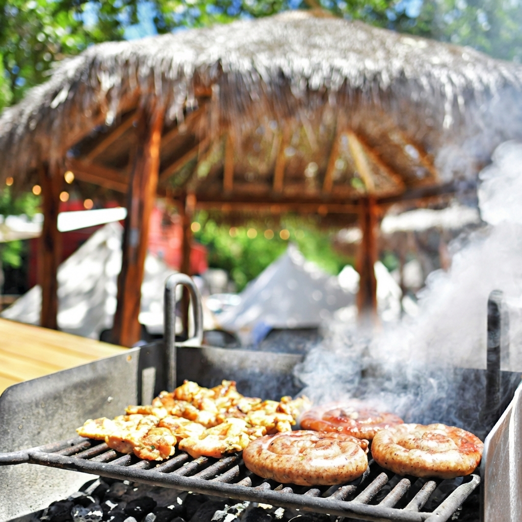 Grilling sausages and food at the cabana