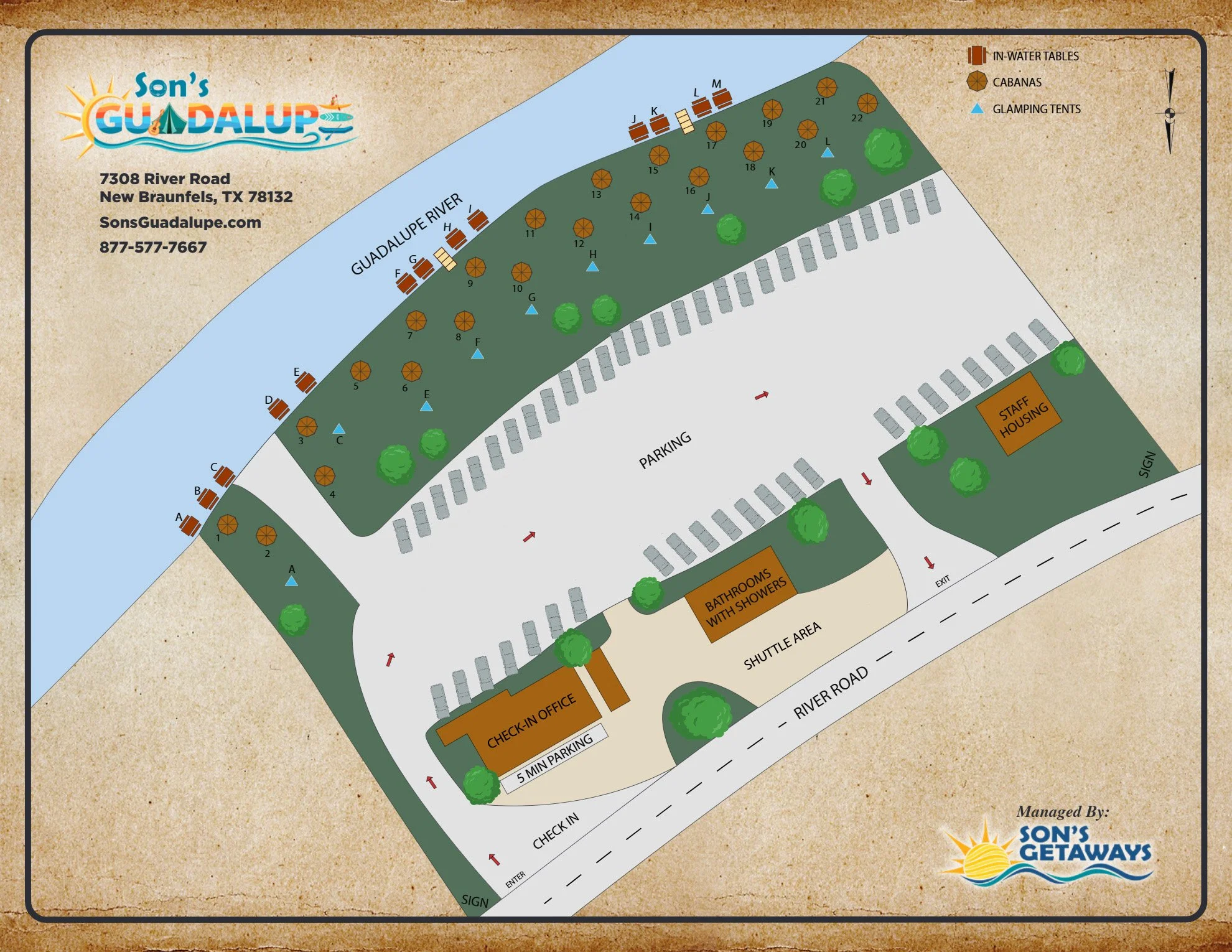 Son's Guadalupe Property Map showing cabanas, glamping tents, parking, and facilities along the Guadalupe River